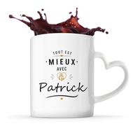 Otshirt Tasse Cœur Mieux avec Patrick | Mug Céramique 325 ml à Anse en Forme de Cœur Passe au Lave-Vaisselle | Café Thé Bureau Maison | Idée Cadeau Collègue Noël Départ