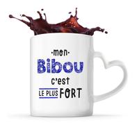Otshirt Tasse Cœur Mon Bibou C'est le plus fort - Mug - Idée Tasse Personnalisable en forme de Cœur Cadeau Anniversaire Fête Original Famille Travail Départ Collègue Retraite Noël.