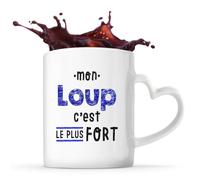 Otshirt Tasse Cœur Mon Loup C'est le plus fort - Mug - Idée Tasse Personnalisable en forme de Cœur Cadeau Anniversaire Fête Original Famille Travail Départ Collègue Retraite Noël.