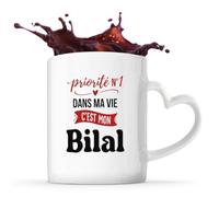 Otshirt Tasse Cœur Priorite N1 dans ma vie C'est mon Bilal - Mug - Idée Tasse Personnalisable en forme de Cœur Cadeau Anniversaire Fête Original Famille Travail Départ Collègue Retraite Noël.