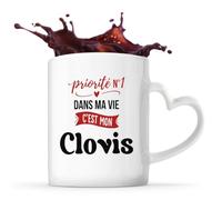Otshirt Tasse Cœur Priorite N1 dans ma vie C'est mon Clovis - Mug - Idée Tasse Personnalisable en forme de Cœur Cadeau Anniversaire Fête Original Famille Travail Départ Collègue Retraite Noël.