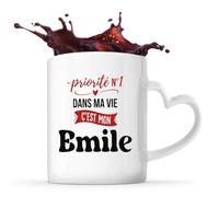 Otshirt Tasse Cœur Priorite N1 dans ma vie C'est mon Emile - Mug - Idée Tasse Personnalisable en forme de Cœur Cadeau Anniversaire Fête Original Famille Travail Départ Collègue Retraite Noël.