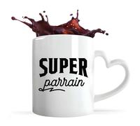 Otshirt Tasse Cœur Super Parrain | Mug avec anse en forme de Coeur | Idée Cadeau Humour Original Noël Anniversaire Baptême Famille Parrainage