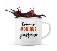 Otshirt Tasse Métal Comme Monique J'assure - Mug Emaillé - Idée Tasse Métal Personnalisable Cadeau Anniversaire Fête Original Famille Travail Départ Collègue Retraite Noël.