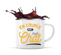 Otshirt Tasse Métal En Couple avec mon Chat | 360 ml Mug Émaillé Métallique | Idée Cadeau Amoureux des Chats Humour Mignon Drôle Original Félin