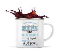 Otshirt Tasse Métal Tasse Métal Super Papa et Chef de Chantier | 360 ml Mug Émaillé Métallique | Idée Cadeau Père Chantier Supervision Humour Original Anniversaire Noël Fête des Pères