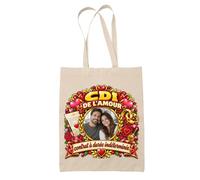 Otshirt Tote Bag Beige CDI de l'Amour Contrat à Durée Indéterminée Personnalisable avec Votre Photo | Sac Coton Fairtrade 10 L Anses 70 cm | Courses Bureau Plage Marché