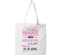 Otshirt Tote bag coton recyclé princesse et hotesse de caisse | Imprimé en France, cadeau humour anniversaire original rigolo humoristique