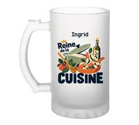 Otshirt Verre à Bière Ingrid Reine de la cuisine | Chope Givrée Verre Trempé 470 ml à Anse Recto Verso | Apéro Bar Bistrot Match | Idée Cadeau Fête des Mères Noël