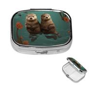 Otters in Love Pilulier rétro à 2 compartiments avec miroir pour sac à main ou poche - Cadeau unique