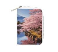Otters in Love Porte-cartes en cuir synthétique - Organiseur de cartes de crédit fin et durable pour homme et femme, Arbres en fleurs de cerisier du mont Fuji, 16x11.5cm