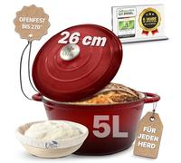 Ottia Marmite en fonte avec panier de fermentation - 26 cm - Cocotte en émail - 26 cm - Four hollandais - Moule à pain - Cocotte avec couvercle - Convient également pour induction - Distributeur de