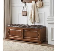 Ottoman Banc Chaussures en Bois pour Entrée avec Coussin en Cuir Long Porte Chaussures avec Portes Coussin D'Assise Matelassée pour Salon, Couloir, Salle(Light walnut,110*38*45cm/43.3*15*17.7in)