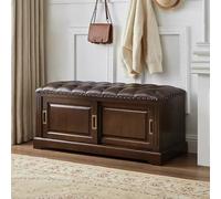 Ottoman Banc Chaussures en Bois pour Entrée avec Coussin en Cuir Long Porte Chaussures avec Portes Coussin D'Assise Matelassée pour Salon, Couloir, Salle(Dark walnut,100*38*45cm/39.4*15*17.7in)