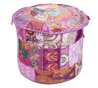 Ottoman Indien Pouffe Tissu Couverture de Pouf Violet Coton Patchwork Traditionnel Pouf Rond Pouf (18x18x13 Pouce) 45cm