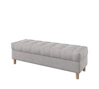 Ottomane de rangement capitonnée touffetée de 140 cm de large, résistante aux taches, en tissu beige naturel avec pieds arrondis, design polyvalent sans boutons pour le rangement du salon et de la