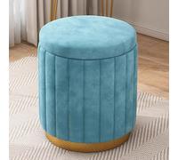Ottomane de rangement ronde moderne en velours avec couvercle amovible et base en métal doré, bleu, 43,2 x 34 cm