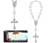 Otuuz 1 Chapelet de Voiture pour Rétroviseur avec Saint Christophe et Crucifix, Argent, Cadeau pour Conducteur Chapelet pour Pare-Soleil Rétroviseur Intérieur Talisman pour la Chance en Voyage