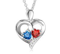 OTXIXTO 925 Sterling Argent Personnalisé Pierre de Naissance Collier pour Femme Gravé 2 Noms Coeur Collier avec 2 Pierres de Naissance Collier Bijoux Cadeaux pour Femmes Maman Petite Amie Épouse Fille