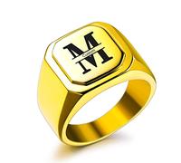 OTXIXTO Bague Initiale Lettre Chevalière pour Hommes Femmes Nom Personnalisé Gravé Acier Inoxydable Bijoux Fantaisie Mariage Couples Fête des Pères Cadeau avec Ajusteurs de Taille (Or, Taille 62)