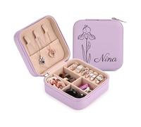 OTXIXTO Boîte Organisateur Bijoux Cuir Personnalisé avec Nom Gravé Fleur de Naissance Cas Bijoux Voyage pour Colliers/Bagues/Boucles D'oreilles Boîte Bijoux Voyage Personnalisé pour Femmes - A: Violet