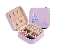 OTXIXTO Boîte Organisateur Bijoux Cuir Personnalisé avec Nom Gravé Fleur de Naissance Cas Bijoux Voyage pour Colliers/Bagues/Boucles D'oreilles Boîte Bijoux Voyage Personnalisé pour Femmes - B: Violet