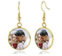 OTXIXTO Boucles d'Oreilles Photo Personnalisées en Acier Inoxydable/Plaqué Or/Noir, Forme Ronde/Cœur/Goutte d'Eau, Bijoux Commémoratifs Cadeaux pour la Fête des Mères - A3