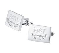 OTXIXTO Boutons de Manchette Classiques en Acier Inoxydable pour Hommes Initiales/Date/Photo Personnalisées Boutons de Manchette Argentés Cadeau pour Époux Garçons d'honneur Père de la Mariée -C3