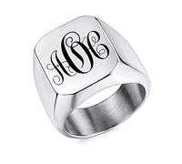 OTXIXTO Chevalière Monogramme Initiale Personnalisée pour Hommes Bagues en Acier Inoxydable Personnalisées Noir Argent Or Couleurs Cadeau de Souvenir Idéal pour Homme Petit Ami(Argent)
