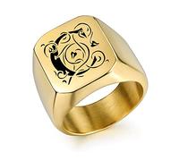 OTXIXTO Chevalière Monogramme Initiale Personnalisée pour Hommes Bagues en Acier Inoxydable Personnalisées Noir Argent Or Couleurs Cadeau de Souvenir Idéal pour Homme Petit Ami(Or)
