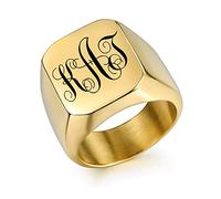 OTXIXTO Chevalière Monogramme Initiale Personnalisée pour Hommes Bagues en Acier Inoxydable Personnalisées Noir Argent Or Couleurs Cadeau de Souvenir Idéal pour Homme Petit Ami(Or)