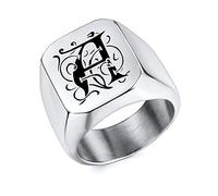 OTXIXTO Chevalière Monogramme Initiale Personnalisée pour Hommes Bagues en Acier Inoxydable Personnalisées Noir Argent Or Couleurs Cadeau de Souvenir Idéal pour Homme Petit Ami(Argent)