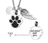 OTXIXTO Personnalisée Empreinte de Patte Urne Pendentif Coeur Ailes d'ange Cendres Collier Gravé Chien Chat Nom Photo Date Acier Inoxydable Mémorial Animal Souvenir avec Porte-clés
