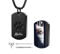 OTXIXTO Personnalisée Empreinte de Patte Urne Pendentif Coeur Ailes d'ange Cendres Collier Gravé Chien Chat Nom Photo Date Acier Inoxydable Mémorial Animal Souvenir avec Porte-clés