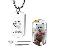OTXIXTO Personnalisée Empreinte de Patte Urne Pendentif Coeur Ailes d'ange Cendres Collier Gravé Chien Chat Nom Photo Date Acier Inoxydable Mémorial Animal Souvenir avec Porte-clés