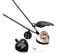 OTXIXTO Personnalisée Empreinte de Patte Urne Pendentif Coeur Ailes d'ange Cendres Collier Gravé Chien Chat Nom Photo Date Acier Inoxydable Mémorial Animal Souvenir avec Porte-clés