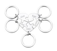 OTXIXTO Porte-clés Pièce Puzzle Coeur Argent Personnalisé Porte-clés Puzzle Coeur Personnalisé avec 5 Noms Ensemble de Bijoux de Porte-clés Gravés en Acier Inoxydable pour Couples Sœurs Amis Cadeaux