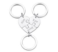 OTXIXTO Porte-clés Pièce Puzzle Coeur Argent Personnalisé Porte-clés Puzzle Coeur Personnalisé avec 3 Noms Ensemble de Bijoux de Porte-clés Gravés en Acier Inoxydable pour Couples Sœurs Amis Cadeaux