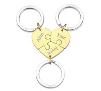 OTXIXTO Porte-clés Pièce Puzzle Coeur Or Personnalisé Porte-clés Puzzle Coeur Personnalisé avec 3 Noms Ensemble de Bijoux de Porte-clés Gravés en Acier Inoxydable pour Couples Sœurs Amis Cadeaux
