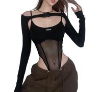 OUBOSI Body Patchwork en Maille Et Haut Smocké, Ensemble Deux Pièces Sexy pour Femmes, Festival Rave, Barboteuse Élégante, Gothique, Slim, Clubwear,Noir,S