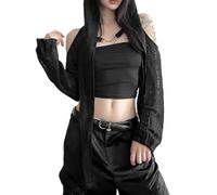OUBOSI Goth Foncé Épaule Ouverte Techwear Y2k Cardigans Centre Commercial Gothique À Capuche Sexy Femmes Hauts Courts Punk Grunge Boucle Chemises Streetwear, Schwarz,S