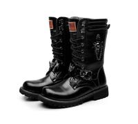 OUBOSI Hommes Mode Motos Profond Mi-Mollet Militaire Combat Profond Gothique Ceinture Punk Bottes Hommes Baskets Chaussures Hightop Botte Décontractée,Noir,42