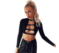 OUBOSI Noir Goth Foncé Femmes Évider À Manches Longues Boucle Avant Punk Grunge Haut Court Pull Clubwear,Noir,XL
