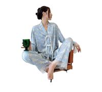 OUBOSI Printemps Été Style Chinois Pyjama en Soie Cool Col en V Bleu Clair Haute Qualité Luxe Homewear Dentelle Garniture Jeunesse Dame Ensemble De Vêtements De Détente,Bleu,50-58kg