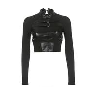 OUBOSI T-Shirt À Manches Longues pour Femmes, Streetwear, Punk, Boucle en Cuir, Y2k, Sexy, Slim, Clubwear, Point PU, Basique, Harajuku,Noir,L