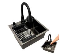 OUBUBY Évier Cuisine Égouttoir Noir 45×40cm Évier de Cuisine 1 Bac en Acier Inoxydable Évier d’Angle Moderne Encastrable avec Panier de Drainage, Robinet, Distributeur de Savon pour Cuisine Noir