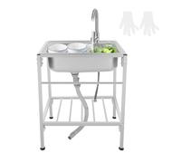 OUBUBY Évier de cuisine autoportant en acier inoxydable - 60 × 45 × 75 cm - 1 bac - Évier mobile - Portable - Multifonction - Avec robinet et support pour l'extérieur, l'intérieur, la cuisine, le