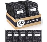 Oucaru Lot de 50 carnets de composition à lignes larges avec couverture noire pour l'école, 70 feuilles de 19,5 x 24,6 cm, journal de fournitures scolaires pour étudiants de la maternelle à la 12e