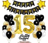 Ouceanwin Ballon Anniversaire 15 ans Garçon, Décoration 15 ans Anniversaire Fille, Happy Birthday Deco Gateau Anniversaire 15 ans, Or Noir Ballon 15 ans Anniversaire Décoration de Fête Fille Garçon