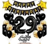 Ouceanwin Décoration 29 Ans Femme et Homme - Ballons, Cake Toppers Happy Birthday Noir, Kit de Fournitures de Fête pour Anniversaire Adulte